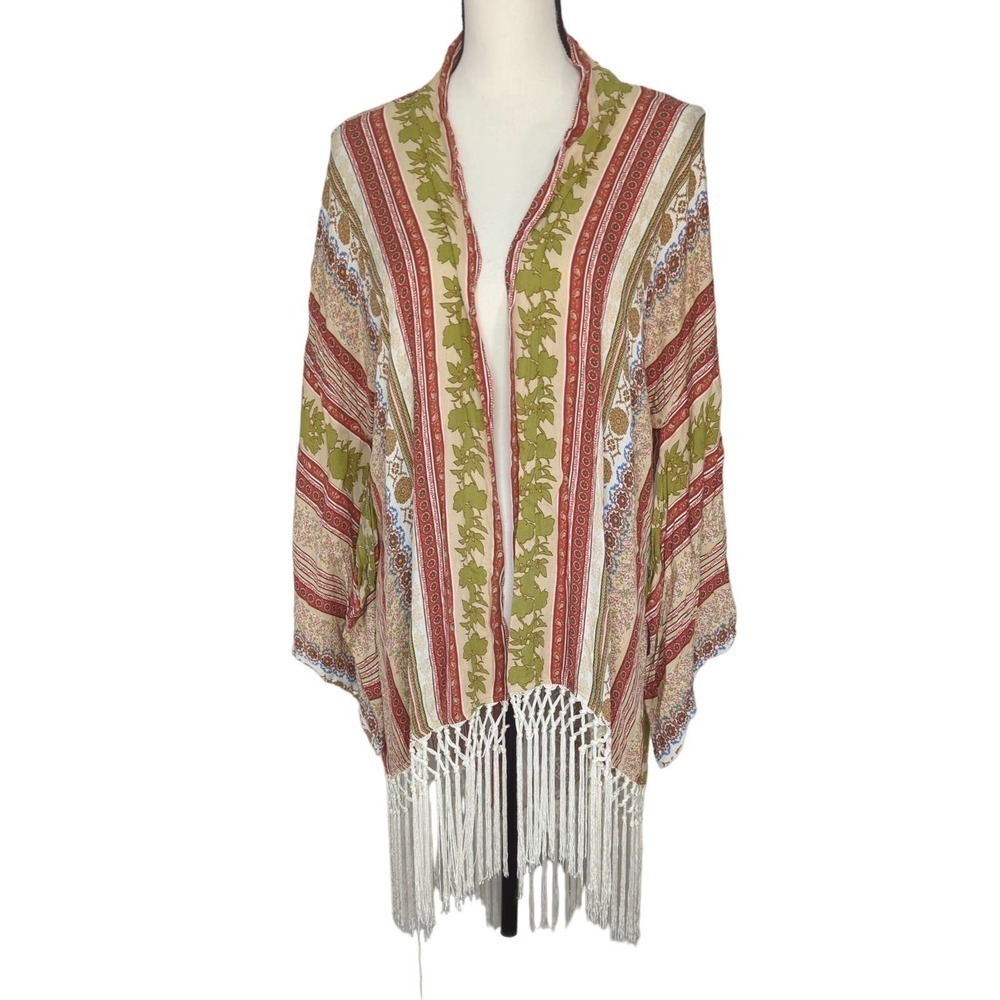 Hippie Love Womens Kimono‎ Multicolored Printed Fringe S